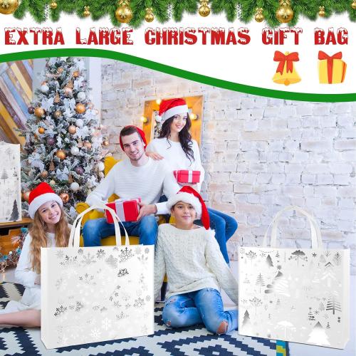 PerKoop 4 Pcs Extra Large Christmas Snowflake Gift Bag 20 x 16 Inch Jumbo Metallic Silver Bag Large Tote with Handles Christmas Tree Reusable Non Woven Gift for Xmas Party Favor Supplies