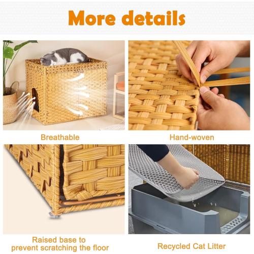 SZEE Cat Litter Box Enclosure Furniture, Hidden Litter Box with Mat, Handwoven Rattan Cat Houses for Indoor/Outdoor Cats, Large Litter Box Enclosure with 12” Edge for Living Room/Bedroom/Washroom