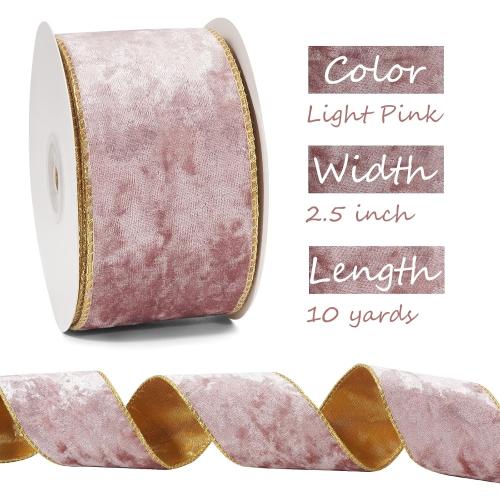 Pink Wired Velvet Ribbon, Christmas Ribbon Wired, 2.5 inch × 10 Yards Wide Pink and Gold Ribbons for Christmas Tree Topper Bow Ornaments, Gift Wrapping, Wreaths Garland Crafts, Home Decor
