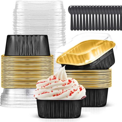 10oz Mini Cake Pans with Lids (40 Pack) Aluminum Foil Square Cupcake Liners Brownie Baking Cups,Disposable 4”x4” Large Cupcake Pan,Jumbo Muffin Tin Ramekins Holders