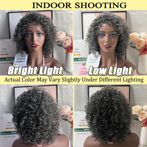 HUA Grey Wig for Women Human Hair Glueless Kinky Curly Salt and Pepper Wigs for Black Women Short Curly Wear and Go Glueless Wig for Old Lady Non-Lace Bob Gray Wigs Human Hair Mixed