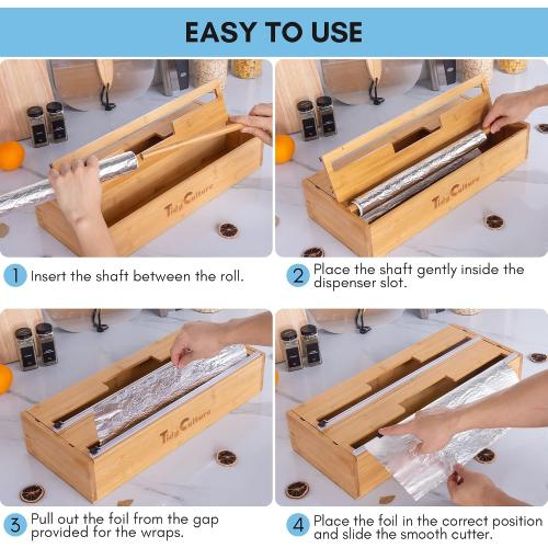 18 Inch Large Foil Wrap Dispenser with Cutter, 2 in 1 Aluminum Butcher Parchment Paper Freezer Tin Wax Cling Foil Plastic Wrap Organizer for Kitchen Drawer Bamboo Saran Storage Roll Holder