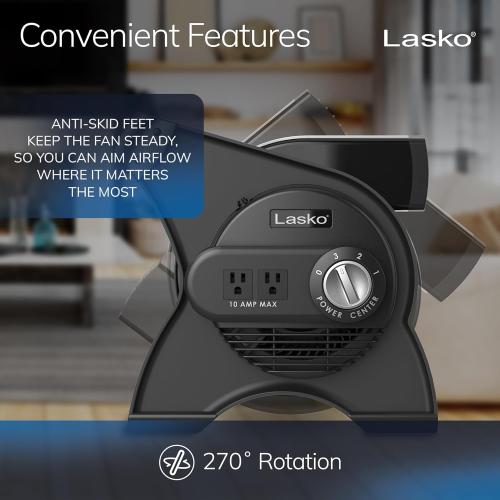 Lasko Portable Utility Fan, 12” 289 CFM Pivoting High Velocity Air Mover Blower Fan, 3 Speeds, 2 Accessory Outlets 120V, Black, U12104 NEEDS CLEANING