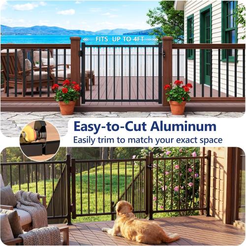 W.4ft x H.36in Aluminum Deck Gate Outdoor, Cuttable Porch Gate Kit with Latch and Auto-Closing Hinge, AAMA 2604–Grade Sand-Texture Black Outdoor Gate for Deck Railing Patios, Porch, Garden