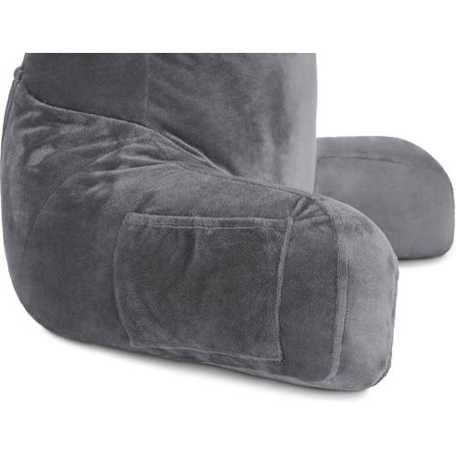 Husband Pillow Dark Grey, Standard  Original Reading Pillow in Bed Rest Chair, Shredded Memory Foam Large Lounge Cushion Adult Backrest w/Arms, Comfy Back Support for Sit Sitting Up, Removable Cover
