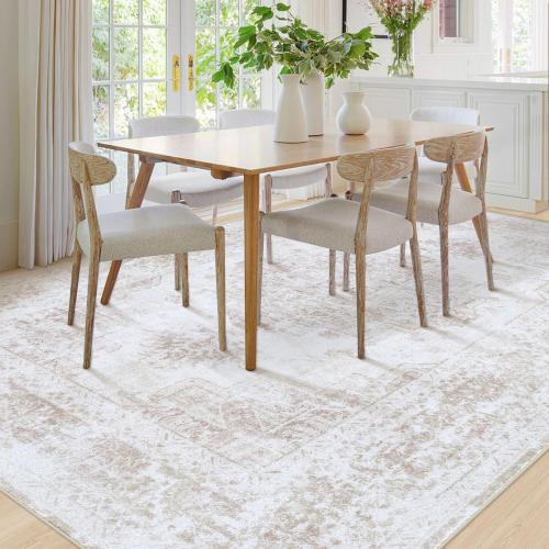 Area Rug Living Room Rug, Machine Washable Vintage Distressed Medallion Rug Non-Slip Soft Low Pile Large Indoor Rugs for Bedroom Kitchen Dining Room Office(stone grey/ beige)
