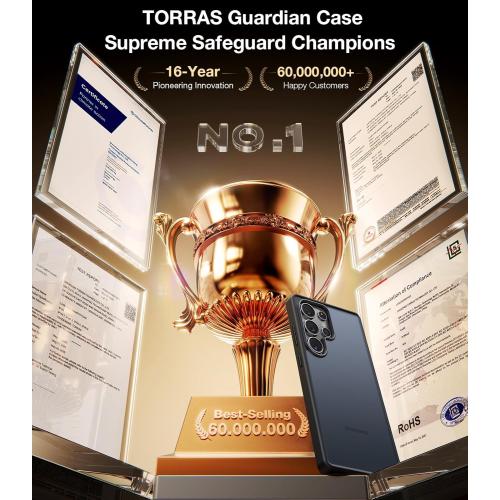 TORRAS Shockproof for Samsung Galaxy S25 Ultra Case, 12FT Military-Grade Protection, Slim Case for Samsung S25 Ultra Case, Matte Translucent Black, Thin, 6.9'' Guardian Series