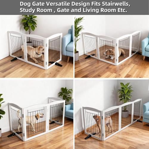 ZJSF Freestanding Dog Fence Indoor, Foldable Dog Gate for Doorways, Stairs or Hallways, Sturdy Wood Extra Wide Pet Gate with Support Feet for The House, White, 24 Height-3 Panels