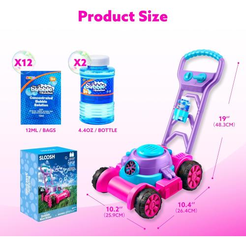 SLOOSH Bubble Lawn Mower Toddler Toys - Kids Bubble Machine Summer Outdoor Push Toy Games, Backyard Garden Outside Play Toddlers Preschool Boys Girls Birthday Gifts (Pink)
