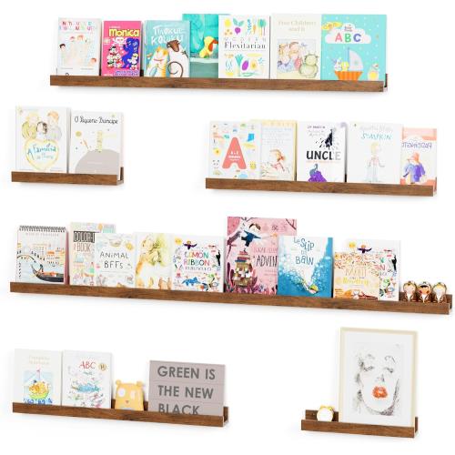 Vinyl Record Shelf Wall Mount, 6PC Album Record Holder Display, Wood Floating Shelves, Wood Ledges for Wall, 0ffice Wall Shelves, Album Shelves, Magazine Rack Walnut - 1x48In, 1x36In, 2x24In & 2x12In