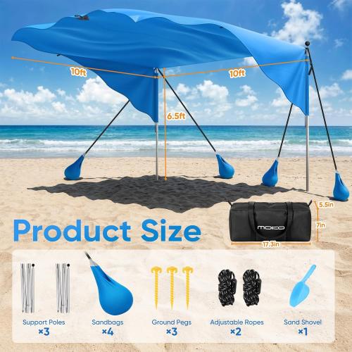 MoKo Beach Shade Canopy, 100 Sq.Ft. Wind-Supported Sunshade Sail for 4-6 People, Lightweight Easy Setup Beach Tent with UPF 50  Sun Protection for Family Travel Coastal Trips, Blue