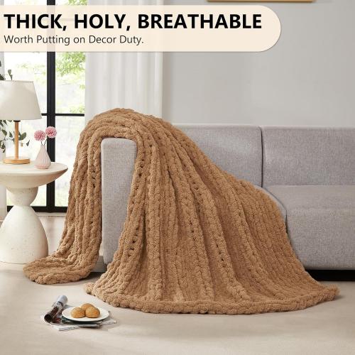 L'AGRATY Chunky Knit Blanket Throw: 50''x60'' Chenille Chunky Knitted Throw Blanket for Bed Couch - Handmade Thick Big Cable Knit Blanket - Large Crochet Rope Blanket for Home Decor(Tan)