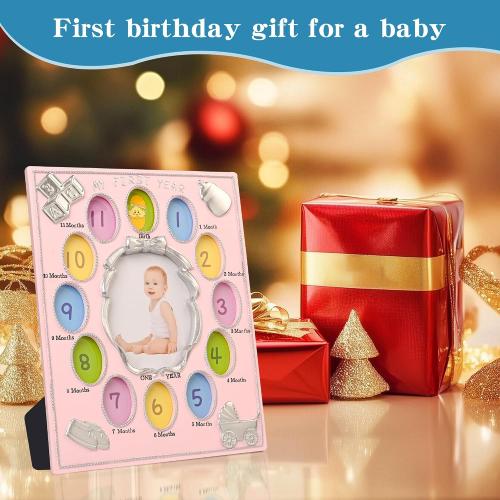 My First Year Photo Frame – Baby's Monthly Milestone Memory Display | Classic Baby Picture Frame Keepsake for Boys & Girls | 12 Monthly Photo Slots in Pink | Nursery Wall Décor