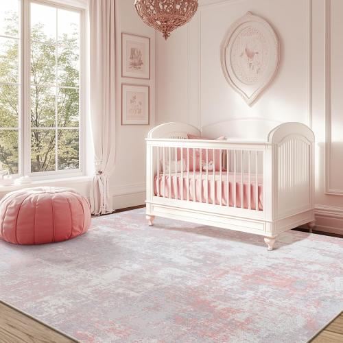 Washable Area Rugs Size  5'x7 Color pink ' Non-Slip Modern Abstract Soft for Living Room Entryway Bedroom Nursery, Print Pattern, Grey Pink