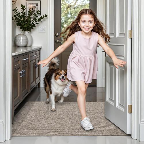 LUMI Ultra Thin Door Mat for Entryway, 24x36 Low Profile Non Slip Rubber Backing Indoor Doormat, Easy Clean Welcome Entrance Mat for Inside House, Patio, Khaki