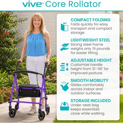 Vive Mobility Steel Rollator Walker with Seat - Foldable, Narrow, Rolling