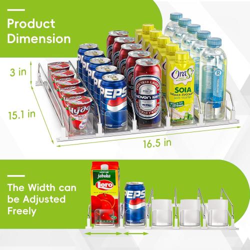 Soda Can Dispenser for Refrigerator,Self-Pushing Drink Organizer for Fridge, Width Adjustable Fridge Organization, Beer Pop Can Water Bottle Drink Dispenser for Fridge (15.1D) White (White, 6 Row)