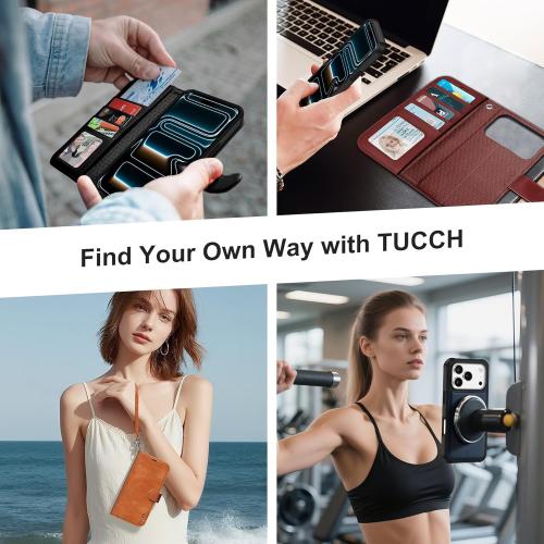 TUCCH 2-in-1 Detachable Wallet Case for iPhone 17 Pro (6.3-inch) 2025, Wireless Charging | RFID Blocking 4 Card Holder | Wrist Strap | Kickstand | Magnetic | PU Leather | Protective Flip Cover | Black