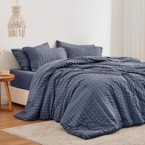 Size queen OekoTex cabin Seersucker Navy Blue Queen Comforter Set 7 Pieces, All Season Bedding Set, Queen Bed in a Bag Comforter Set with Comforter, Flat Sheet, Fitted Sheet, Pillowcase and Pillow Sham