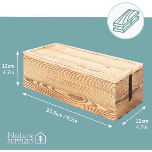 Size small NATURE SUPPLIES | Real Wood Small Cable Management Box Brown | Cord Organizer Box for Power Strips, Adapters, Chargers, USB Hub | Cable Storage Box with Accessories Included | Cord Hider Box Small