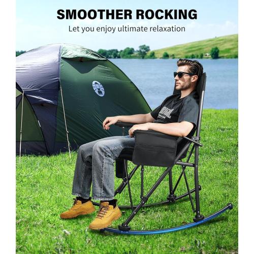 Folding Rocking Chair Supports 440 LBS, Outdoor Folding Chair, Rocking Camping Chairs with Cup Holder & Side Pocket, Padded Outdoor Chairs for Patio Lawn Garden Yard (Black)