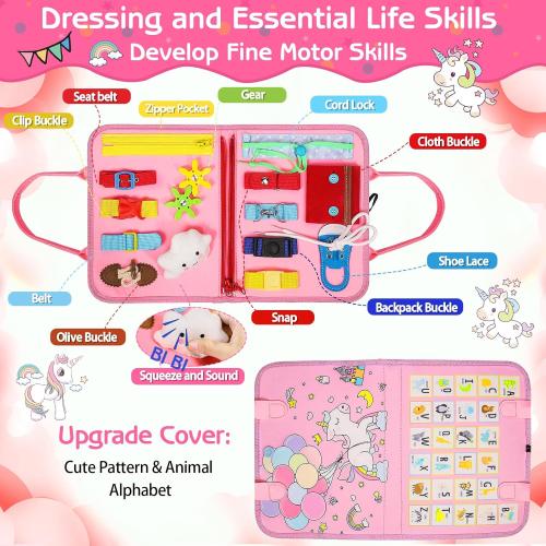 Esjay Toddler Busy Board Montessori Toys for Girls, Sensory Book Educational Activities for Learning Fine Motor Skills, Birthday Gifts for Girls Toddlers, Travel Toys for Airplane Car, Fairy Horse