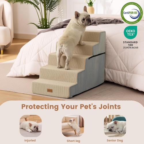 Gardner Pet Dog Stairs for Small Dogs 4- Step Extra Wide Dog Stairs for High Bed, Pet Steps for Small Dogs and Cats Couch with Durable Non-Slip Waterproof Fabric Cover and Soft Foam, Beige