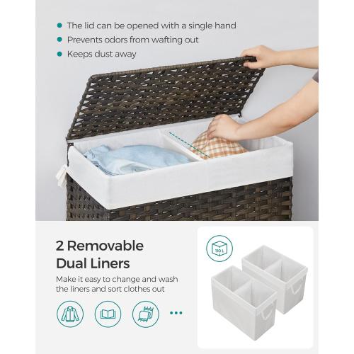 SONGMICS Laundry Hamper with Lid, 110L Clothes Hamper with 2 Removable Liner Bags, 6 Mesh Bags, Wicker Laundry Basket, Double Laundry Hamper for Bathroom, 13 x 22.4 x 23.6 Inches, Brown ULCB052K02