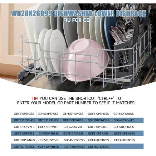 WD28X26099 WD28X34744 Dishwasher Lower Rack Compatible with GE Dishwashers - Replaces WD28X24396,WD28X22659,WD28X28918. Fits Models GDF510PSR3SS, GDF510PSM0SS, GDF510PSMOSS, GDF535PSR0SS, GDF510PSR6SS