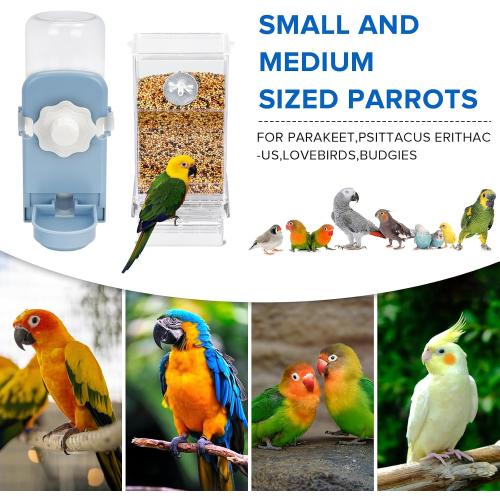 No Mess Bird Feeder Water Dispenser Set, Parakeet Cage Accessories, Bird Feeder and Waterers in Cage for Cockatiels, Finches, Lovebirds, Budgies, Canaries