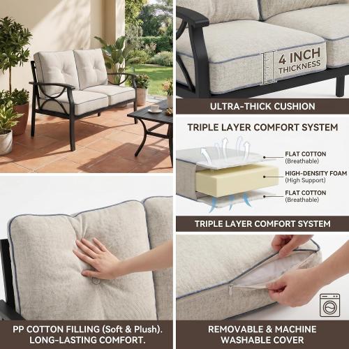 RoyalCraft Outdoor Patio Furniture Set, 2 Piece Patio Conversation Set, Metal Furniture Set with 3 seat Sofa for Porch Backyard, Black Metal Chair with Gray Cushions