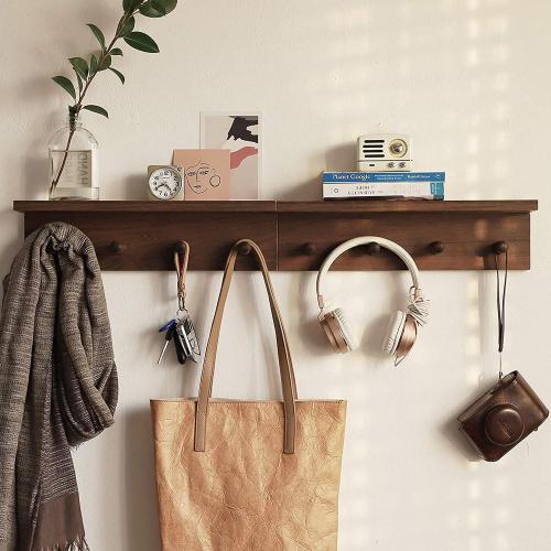 Entrance Coat Rack ，Coat Hooks, Wall-Mounted Wooden Hook Rack, Wall-Mounted Shelves are Very Suitable (Walnut Color Finish—A-1)