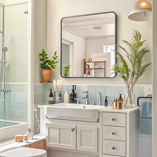 28x28 Black Square Mirror, Bathroom Mirrors for Over Sink, Rectangle Bathroom Vanity Mirror for Wall, Large Modern Metal Frame Shatterproof Rectangular Mirror for Restroom Powder Room Toilet