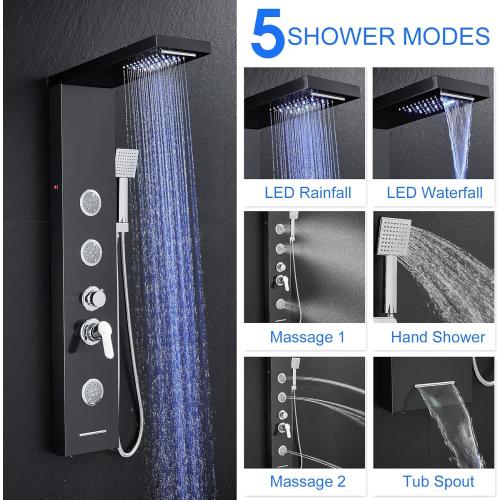 Multi-Function LED Lights Shower Panel System Black, 5 in 1 Shower Panel Include Rainfall & Waterfall Shower Head, 3 Pcs Adjustable Massage Jets, Handheld Shower, Tub Spout