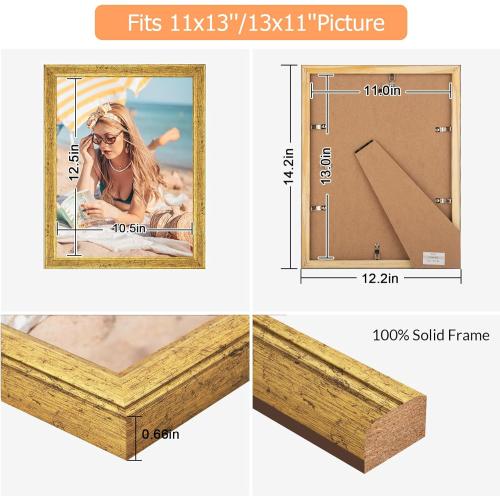 Wood 11x13 Frame Gold, Ornate Natural Wooden 13x11in Picture Frames, Modern Golden 11 x 13inch Gallery Photo Pic Frame with HD Plexiglass, Horizontal Vertical Wall Mounting Tabletop Display 1Pcs