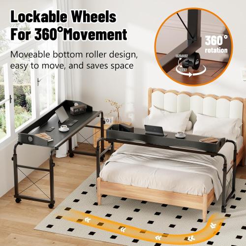 BYMECOST Laptop Desk for Bed, Adjustable Height & Length Laptop Bed Table,Overbed Table with Wheels for King & Queen Size Beds,Rolling Standing Desk,Over Bed Desk for Working Reading Eating