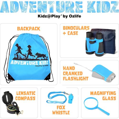 Adventure Kidz - Outdoor Exploration Kit, Children’s Toy Binoculars, Torch, Compass, Whistle, Magnifying Glass, Backpack. Great Kids Gift Set for Camping, Hiking, Educational and Pretend Play.