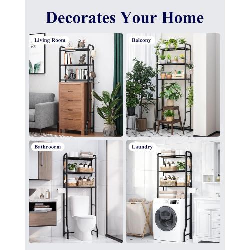 Kitsure Over Toilet Storage Rack - Metal Over Toilet Bathroom Organizer Shelf, Over the Toilet Storage Cabinet with Paper Holder and Hooks, Bathroom Cabinet for Laundry, Black, 3 Tiers (63.2 H)