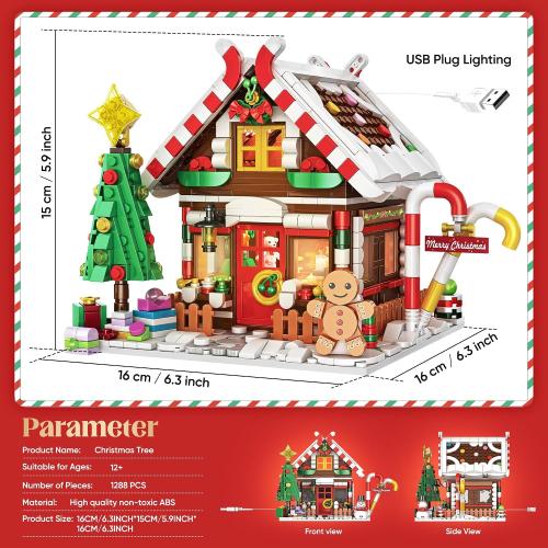 Christmas Gingerbread House Building, Christmas Village House Building Set, Contain Christmas Tree and Train, Xmas Brick Toy Gifts for Adults Teens and Kids 1288PCS