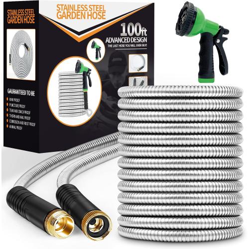 Unywarse Garden Hose 100FT Metal Water Hose with 10 Function Nozzle No-Kink | Flexible, Leak-proof, Heavy Duty, Lightweight, Pet Proof, Puncture Proof Stainless Steel Hose for Yard, Outdoor