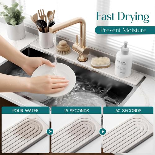 30 Inch Faucet Mat for Kitchen Sink - Instant Dry Sink Protector for Countertop, Extra-Long Diatomaceous Earth Stone Sink Tray Around Faucet for Kitchen Bathroom RVs (Light Grey, 30 x 3.9)