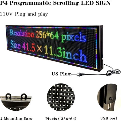 P4 Indoor Programmable Led Sign Scrolling Custom Display Message Board Digital Word Light for Business Bar Screen WiFi Control Electronic Advertising Pixel Led Panel Store Signs Menu(41.5×11.3)