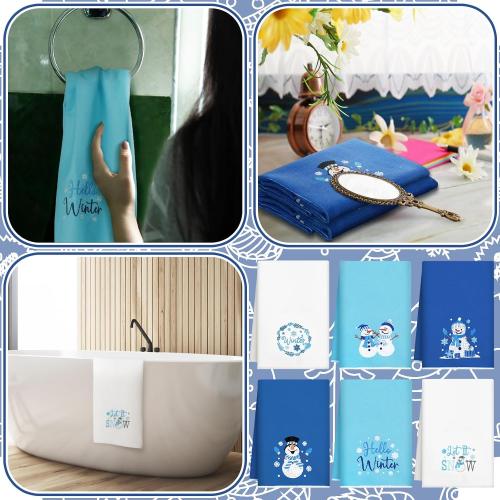 Geyoga 6 Pcs Winter Hand Towels Snowman Embroidered Blue Rustic Bathroom Towels for Winter Bathroom Kitchen Farmhouse Decor Gifts, 13.8 x 23.6 Inch