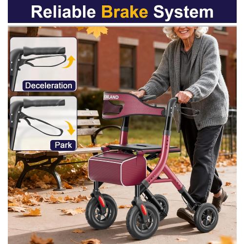 HOMLAND Foldable Rollator Walkers for Seniors with Seat, 10 All-Terrain Wheels & Curb Climber, 16.4 lb Lightweight Walker with Lockable Brakes, 300 lbs Capacity, Burgundy
