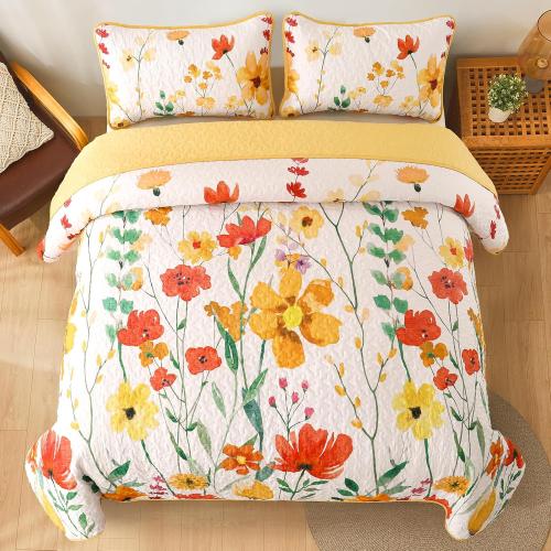Anibedding Quilt Set Queen Size, Yellow Floral Reversible Bedspread Soft Microfiber Lightweight Queen Size Quilt Bedding Sets Reversible Coverlet for All Season(Queen, 96x90)
