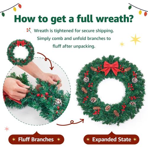 24 Inch Christmas Wreath for Front Door - Farmhouse Holiday Decor for Indoors and Outdoors, No Light