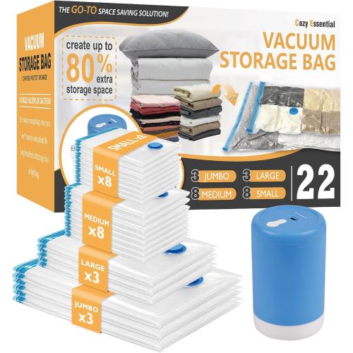 Vacuum Storage Bags with , 22 Pack (3 Jumbo/3 Large/8 Medium/8 Small) Vacuum Seal Space Saver Bags for Clothing, Pillows, Blanket, Bedding, Comforters