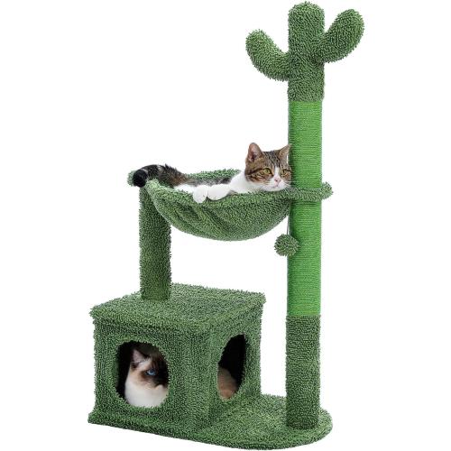 Cactus Cat Tree 40 Cat Tower with Large Metal Carpet Hammock, Cat Scratching Post for Indoor Cats with Condo & Replaceable Toy Ball, Green