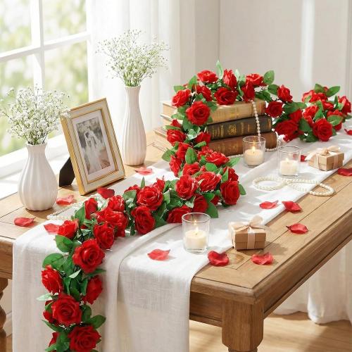 Suncalla 30 Pack 246ft Rose Garland Artificial Rose Flowers Vine with Green Leaves Hanging Fake Floral Garland Vine for Wedding Birthday Wall Garden Table Centerpiece Room Arch Decor(Red Color)
