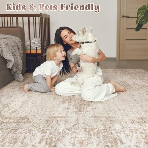 Area Rugs 9x12 Living Room: Large Vintage Living Room Rug with Non-Slip Backing Low Pile Rugs Soft Indoor Floor Thin Carpet Neutral Carpets for Bedroom Dining Room Farmhouse Nursery Brown/Cream